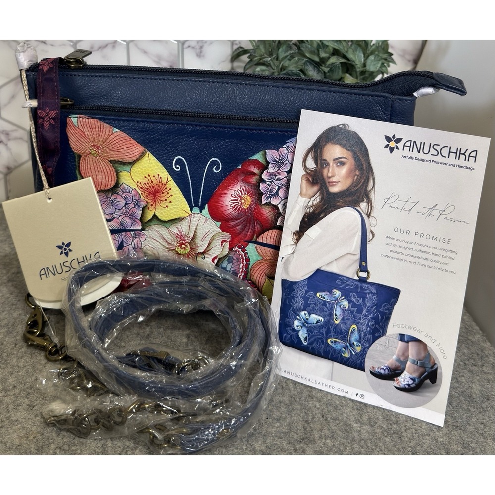 Anuschka Hand-painted Leather Handbag Blue Butterfly NWT